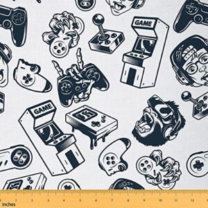 video games fabric by the yard, cartoon upholstery fabric for boys girls, monochrome sketch gaming equipment decorative fabric, house collection outdoor fabric for quilting, 1 yard, black white