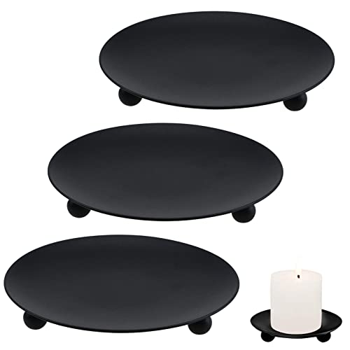 3 Pack Black Pillar Candle Holders Tray Decorative Iron Pillar Candle Plate 4.52inches Fireplace Candle Tray for LED & Wax Candles Incense Cones Wedding Christmas