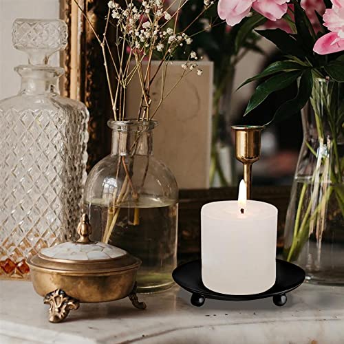 3 Pack Black Pillar Candle Holders Tray Decorative Iron Pillar Candle Plate 4.52inches Fireplace Candle Tray for LED & Wax Candles Incense Cones Wedding Christmas