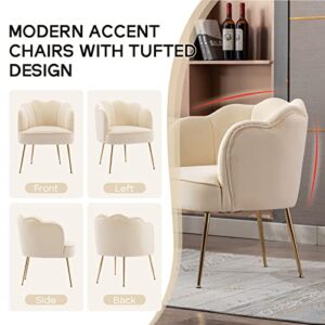 LETESA Modern Velvet Accent Barrel Chairs Shell Shape Chairs Comfy Upholstered Vanity Chairs Dining Chairs with Golden Metal Legs Desk Chair Makeup Chairs for Living Room Bedroom (Cream White)