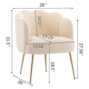 LETESA Modern Velvet Accent Barrel Chairs Shell Shape Chairs Comfy Upholstered Vanity Chairs Dining Chairs with Golden Metal Legs Desk Chair Makeup Chairs for Living Room Bedroom (Cream White)