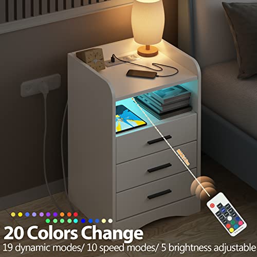 Vabches White Nightstand Set of 2 with Charging Station & LED Lights, 3 Drawers nightstand, Bed Side Table Night Stand for Bedroom Living Room, Wood Side Table