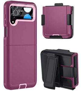 onola case with belt clip for samsung galaxy z flip 4 case with clear lens camera protector, [kickstand] military-grade dual layer heavy duty cover for samsung z flip 4 (winered pink)