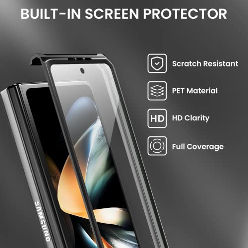 Maxdara Galaxy Z Fold 4 Case - S Pen Holder, Kickstand, Hinge Protection & Built-in Screen Protector (Black)