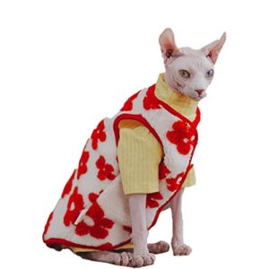 sphynx cat clothes fleece winter warm thicken coat with sleeveless cute snap handwork jacket cat apparel pet clothes for cat (red flowers, m (6-7.7lbs))