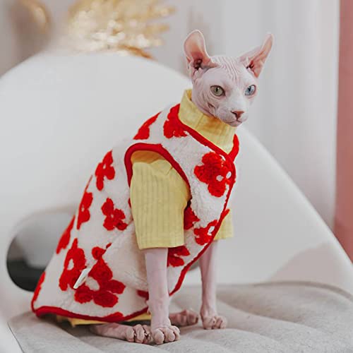 Sphynx Cat Clothes Fleece Winter Warm Thicken Coat with Sleeveless Cute Snap Handwork Jacket Cat Apparel Pet Clothes for Cat (Red Flowers, M (6-7.7lbs))