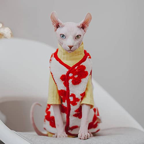 Sphynx Cat Clothes Fleece Winter Warm Thicken Coat with Sleeveless Cute Snap Handwork Jacket Cat Apparel Pet Clothes for Cat (Red Flowers, M (6-7.7lbs))