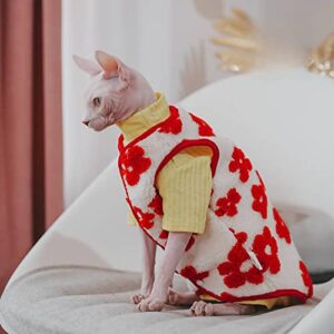 Sphynx Cat Clothes Fleece Winter Warm Thicken Coat with Sleeveless Cute Snap Handwork Jacket Cat Apparel Pet Clothes for Cat (Red Flowers, M (6-7.7lbs))