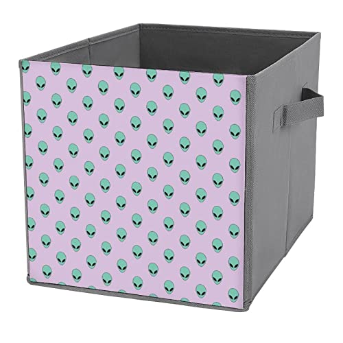 Green Alien Head Storage Bin Foldable Cube Closet Organizer Square Baskets Box with Dual Handles