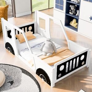 aiuyesuo twin size classic car-shaped platform bed with 2 wheels and headboard, wooden platform bed frame with 2 doors and windows for kids boys girls, wheels shape, space saving (white-tk)