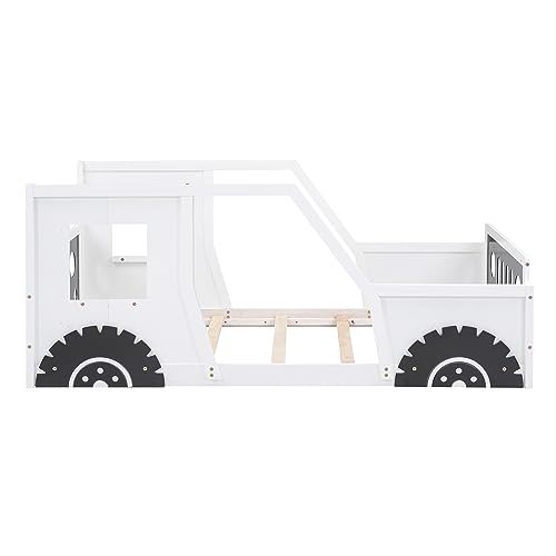 Aiuyesuo Twin Size Classic Car-Shaped Platform Bed with 2 Wheels and Headboard, Wooden Platform Bed Frame with 2 Doors and Windows for Kids Boys Girls, Wheels Shape, Space Saving (White-TK)