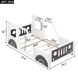 Aiuyesuo Twin Size Classic Car-Shaped Platform Bed with 2 Wheels and Headboard, Wooden Platform Bed Frame with 2 Doors and Windows for Kids Boys Girls, Wheels Shape, Space Saving (White-TK)