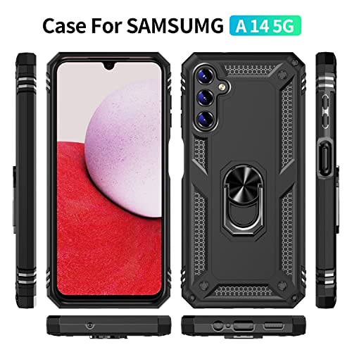 Dzxouui for Samsung A14 5G Case with [2 Pack] Screen Protector, Military Grade Shockproof Cover Full Body Protection Hard Phone Cases for Samsung Galaxy A14 5G Built-in Magnetic Kickstand - Black