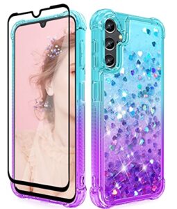 dzxouui for samsung a14 5g case with glass screen protector, women girls cute clear glitter flowing quicksand reinforced corners soft tpu phone case cover for samsung galaxy a14 5g, teal/purple