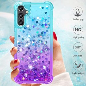 Dzxouui for Samsung A14 5G Case with Glass Screen Protector, Women Girls Cute Clear Glitter Flowing Quicksand Reinforced Corners Soft TPU Phone Case Cover for Samsung Galaxy A14 5G, Teal/Purple