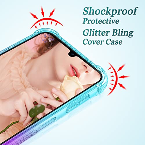 Dzxouui for Samsung A14 5G Case with Glass Screen Protector, Women Girls Cute Clear Glitter Flowing Quicksand Reinforced Corners Soft TPU Phone Case Cover for Samsung Galaxy A14 5G, Teal/Purple