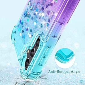 Dzxouui for Samsung A14 5G Case with Glass Screen Protector, Women Girls Cute Clear Glitter Flowing Quicksand Reinforced Corners Soft TPU Phone Case Cover for Samsung Galaxy A14 5G, Teal/Purple