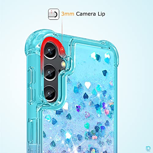 Dzxouui for Samsung A14 5G Case with Glass Screen Protector, Women Girls Cute Clear Glitter Flowing Quicksand Reinforced Corners Soft TPU Phone Case Cover for Samsung Galaxy A14 5G, Teal/Purple