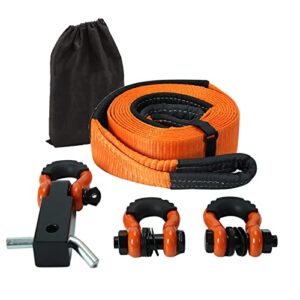aikosin tow strap recovery rope kit 100% nylon 3'' x 20ft snatch strap(35000lbs) + 2" shackle hitch receiver + 3/4" d ring shackles with safety ring + heavy duty bag - off road pick up towing