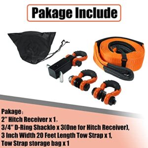 Aikosin Tow Strap Recovery Rope Kit 100% Nylon 3'' x 20ft Snatch Strap(35000lbs) + 2" Shackle Hitch Receiver + 3/4" D Ring Shackles with Safety Ring + Heavy Duty Bag - Off Road Pick Up Towing