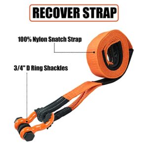 Aikosin Tow Strap Recovery Rope Kit 100% Nylon 3'' x 20ft Snatch Strap(35000lbs) + 2" Shackle Hitch Receiver + 3/4" D Ring Shackles with Safety Ring + Heavy Duty Bag - Off Road Pick Up Towing