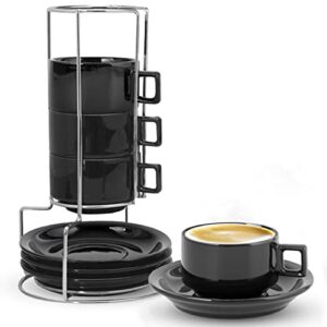 porcelain coffee cups with saucers set - stackable coffee mugs with rack - black coffee cups set with metal stand - espresso cups set of 4-3.3 oz -mug set for espresso