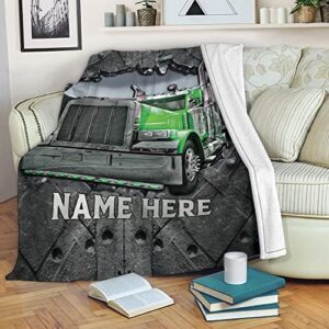 OhaPrints Custom Green Truck Crack Pattern Trucker Gift Personalized Name Soft Sherpa Throw Blankets Cozy Fuzzy Fleece Throws for Tv Sofa Couch Comfy Fluffy Blanket 30X40 50X60 60X80