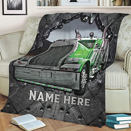 OhaPrints Custom Green Truck Crack Pattern Trucker Gift Personalized Name Soft Sherpa Throw Blankets Cozy Fuzzy Fleece Throws for Tv Sofa Couch Comfy Fluffy Blanket 30X40 50X60 60X80