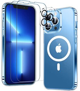 temdan magnetic for iphone 13 pro max case, [compatible with magsafe],[anti-yellowing][glass screen protector+camera lens protector] slim thin shockproof phone case-clear