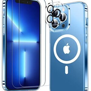 Temdan Magnetic for iPhone 13 Pro Max Case, [Compatible with MagSafe],[Anti-Yellowing][Glass Screen Protector+Camera Lens Protector] Slim Thin Shockproof Phone Case-Clear