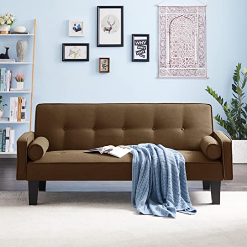 Goohome Modern Fabric, Medieval Furniture, Living Room Button Tufted, Pull Point Design for Bedroom, Office, Adjustable loveseat Sofa with Pillows, Brown