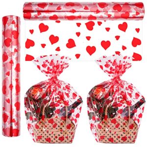 cellophane wrap roll hearts design（100’ ft. long x 32” in. wide）2.3 mil valentine's day cellophane bags thick crystal clear with special red hearts cellophane bags for flower wrapping, gift basket wrap cellophane for valentine's day gift wrapping