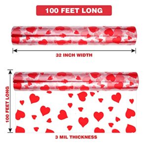 Cellophane Wrap Roll Hearts Design（100’ Ft. Long X 32” in. Wide）2.3 Mil Valentine's Day Cellophane Bags Thick Crystal Clear with Special Red Hearts Cellophane Bags For Flower Wrapping, Gift Basket Wrap Cellophane for Valentine's Day Gift Wrapping