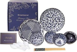 binvertaocier 14-piece porcelain asian bowls set with spoons rice bowls with chopsticks 10 oz bowls,small soup bowls,asian plates and bowls set, (vintage blue)