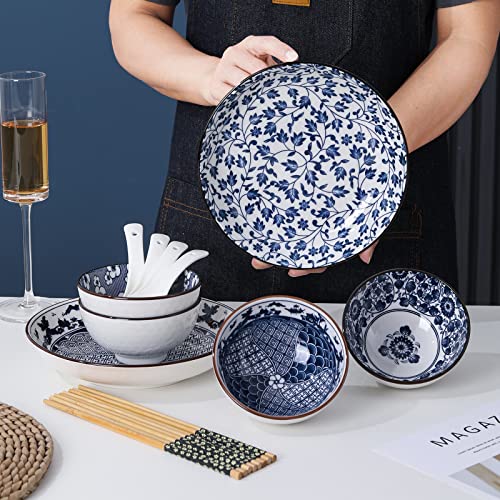 Binvertaocier 14-Piece Porcelain Asian Bowls Set with Spoons Rice Bowls with Chopsticks 10 Oz Bowls,Small Soup Bowls,Asian Plates and Bowls Set, (Vintage blue)