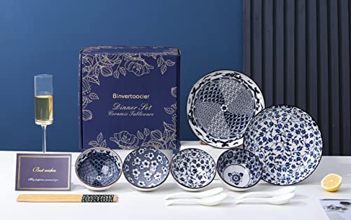 Binvertaocier 14-Piece Porcelain Asian Bowls Set with Spoons Rice Bowls with Chopsticks 10 Oz Bowls,Small Soup Bowls,Asian Plates and Bowls Set, (Vintage blue)