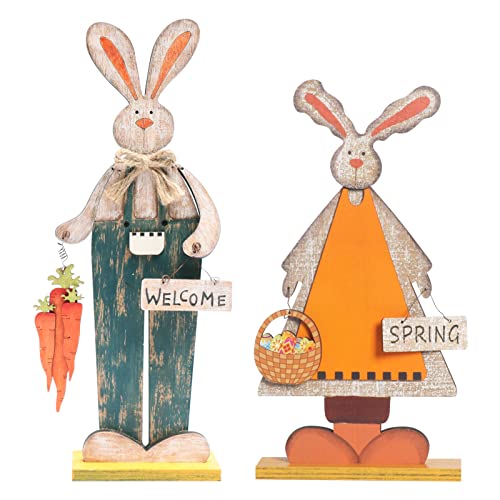 SY Super Bang 2pcs Retro Bunny Easter Wooden Decorations, Rustic Rabbit Tabletop Decor for Centerpiece Home Farmhouse Party Spring Summer Holiday.