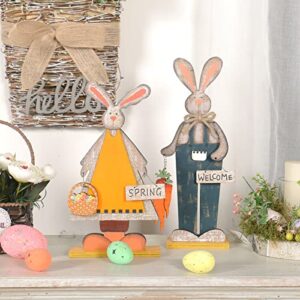 SY Super Bang 2pcs Retro Bunny Easter Wooden Decorations, Rustic Rabbit Tabletop Decor for Centerpiece Home Farmhouse Party Spring Summer Holiday.