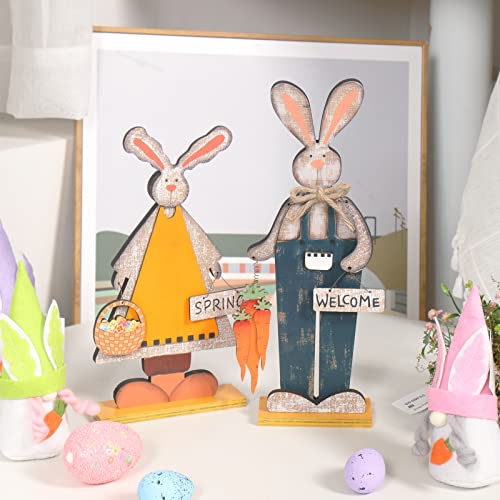 SY Super Bang 2pcs Retro Bunny Easter Wooden Decorations, Rustic Rabbit Tabletop Decor for Centerpiece Home Farmhouse Party Spring Summer Holiday.