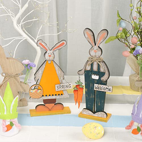 SY Super Bang 2pcs Retro Bunny Easter Wooden Decorations, Rustic Rabbit Tabletop Decor for Centerpiece Home Farmhouse Party Spring Summer Holiday.