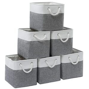 midmmvick 11 x 11 inch cube storage bins, 6 pack large collapsible fabric storage bin with ropes, foldable storage cubes for home, office,closet, clothes, toys organizer (white & grey)