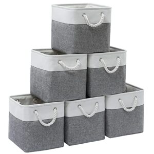 MidmmVick 11 x 11 Inch Cube Storage Bins, 6 Pack Large Collapsible Fabric Storage Bin with Ropes, Foldable Storage Cubes for Home, Office,Closet, Clothes, Toys Organizer (White & Grey)