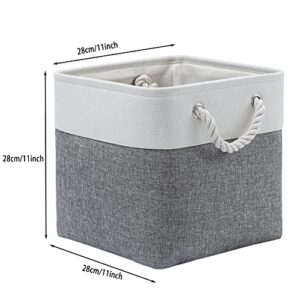 MidmmVick 11 x 11 Inch Cube Storage Bins, 6 Pack Large Collapsible Fabric Storage Bin with Ropes, Foldable Storage Cubes for Home, Office,Closet, Clothes, Toys Organizer (White & Grey)