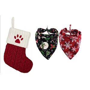 st nicholas square paw print stocking with 2 christmas themed pet bandanas (bandana patterns vary)