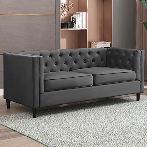 Mixoy Velvet 3-Seater Sofa, 77" Mid-Century Modern Sofa Furniture with Tufted Button, Upholstered Sofa Couch for Living Room, Bedroom (Sofa, Dark Grey)