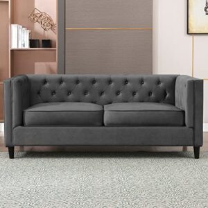 mixoy velvet 3-seater sofa, 77" mid-century modern sofa furniture with tufted button, upholstered sofa couch for living room, bedroom (sofa, dark grey)