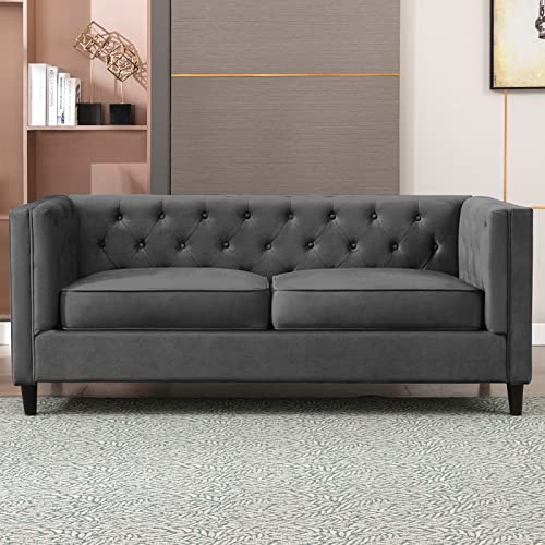 Mixoy Velvet 3-Seater Sofa, 77" Mid-Century Modern Sofa Furniture with Tufted Button, Upholstered Sofa Couch for Living Room, Bedroom (Sofa, Dark Grey)