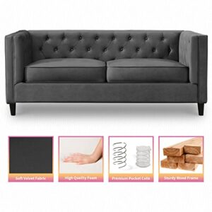 Mixoy Velvet 3-Seater Sofa, 77" Mid-Century Modern Sofa Furniture with Tufted Button, Upholstered Sofa Couch for Living Room, Bedroom (Sofa, Dark Grey)