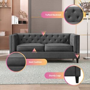 Mixoy Velvet 3-Seater Sofa, 77" Mid-Century Modern Sofa Furniture with Tufted Button, Upholstered Sofa Couch for Living Room, Bedroom (Sofa, Dark Grey)