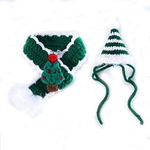 hand knitted dog cat santa hat & scarf set, christmas costumes for small dogs cats, santa claus xmas tree accessories (small, green)